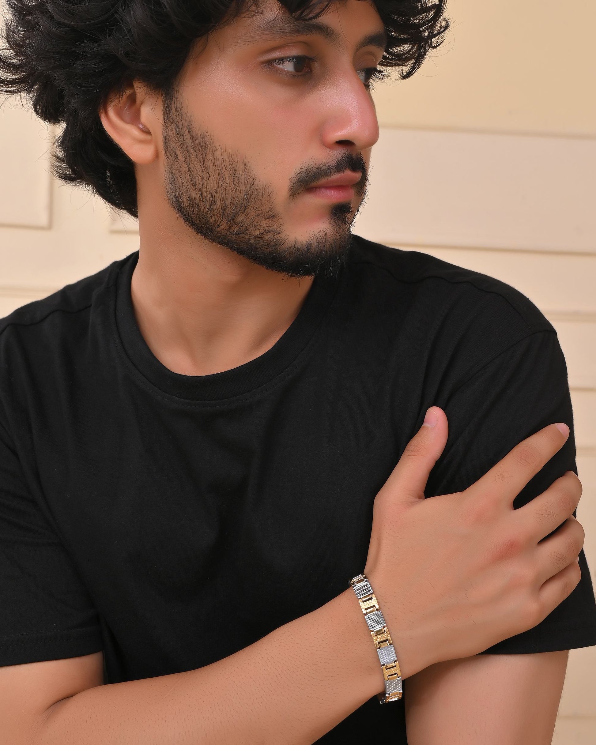 VOJ Men Dual-Toned Stainless Steel Textured Chain Bracelet - Swadesiicart