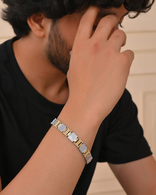 VOJ Men Dual-Toned Stainless Steel Textured Chain Bracelet - Swadesiicart
