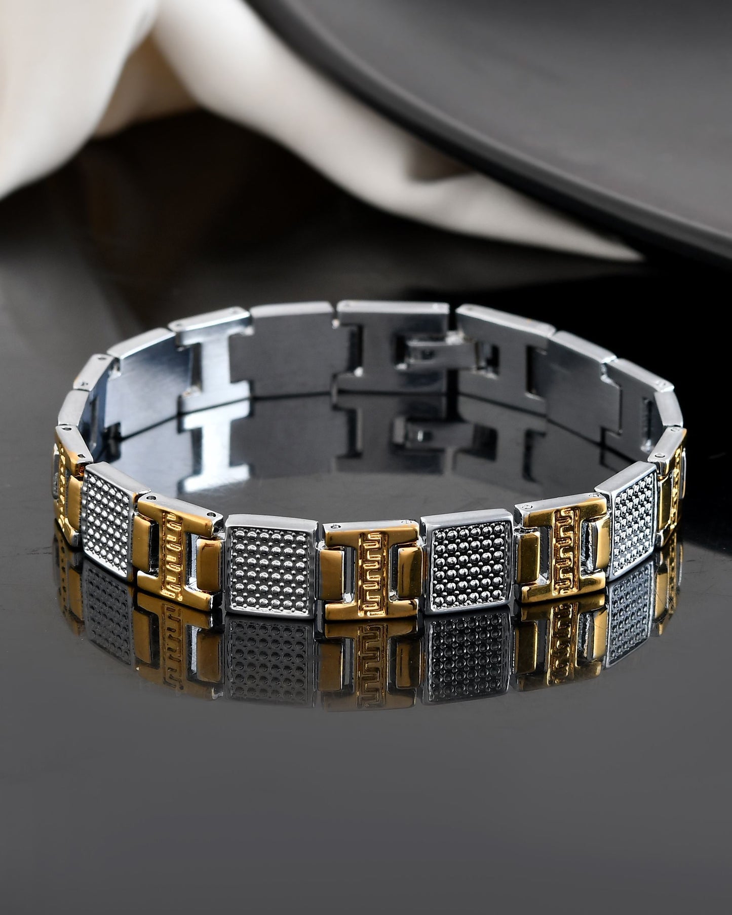 VOJ Men Dual-Toned Stainless Steel Textured Chain Bracelet - Swadesiicart