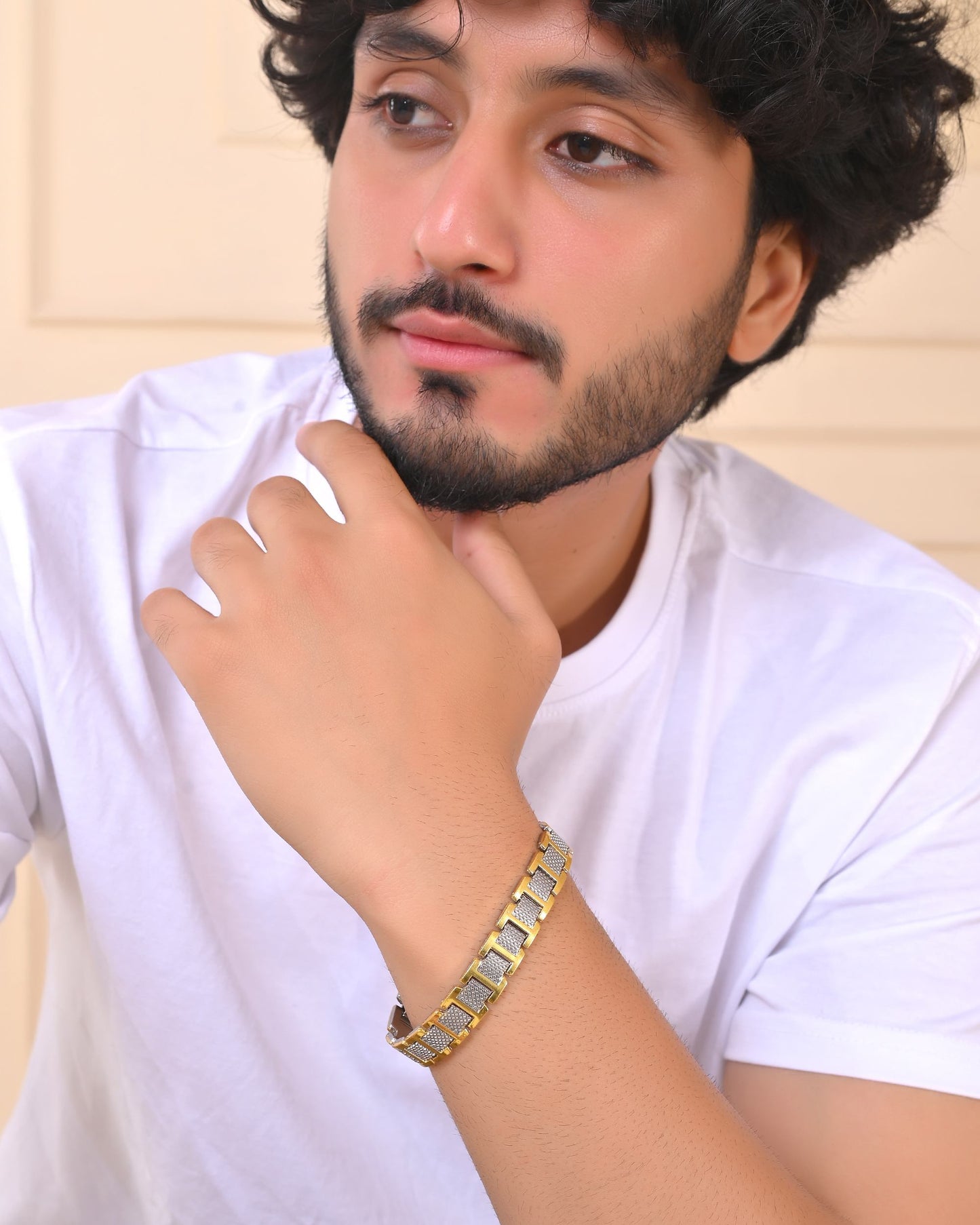 VOJ Silver And Gold Polished Stylish Geometrical Shaped Men's Bracelet - Swadesiicart