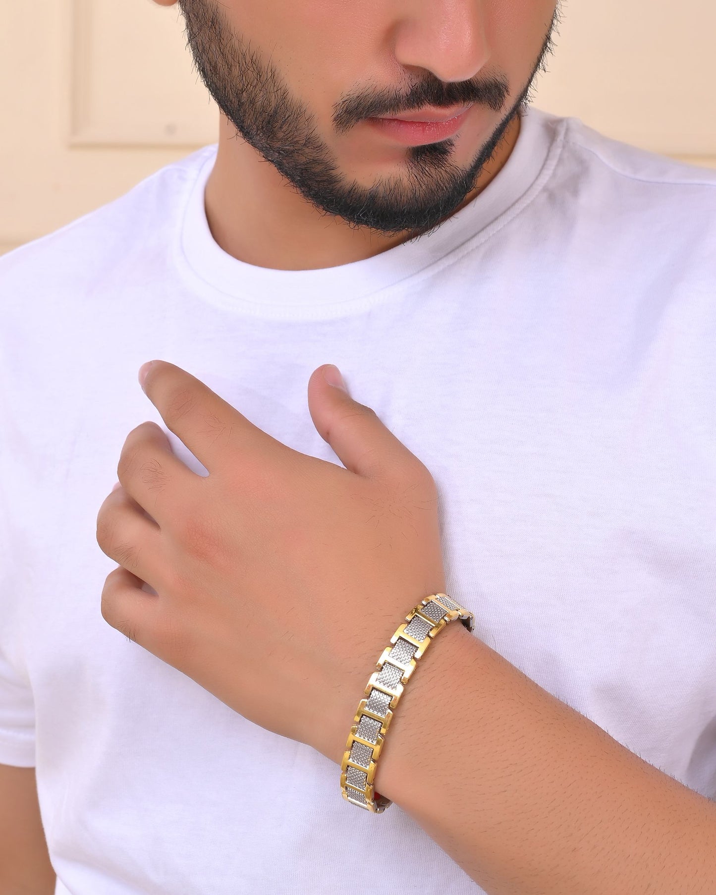 VOJ Silver And Gold Polished Stylish Geometrical Shaped Men's Bracelet - Swadesiicart