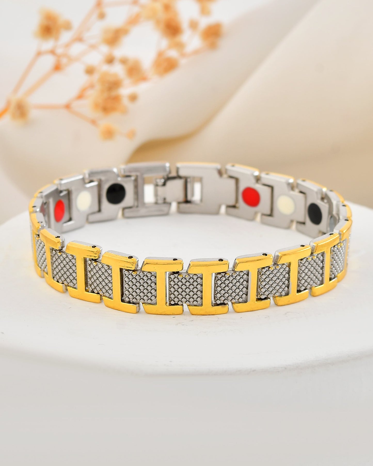 VOJ Silver And Gold Polished Stylish Geometrical Shaped Men's Bracelet - Swadesiicart