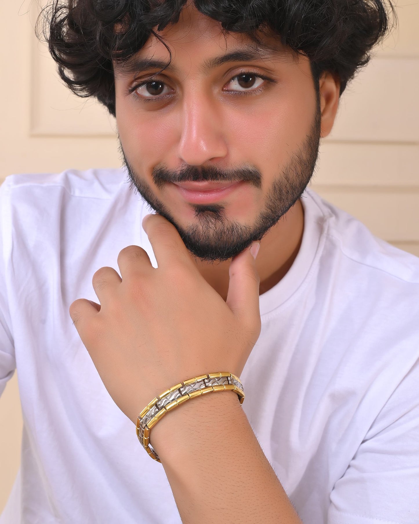 VOJ Silver And Gold Polished Textural Designed Linked Shaped Men's Bracelet - Swadesiicart
