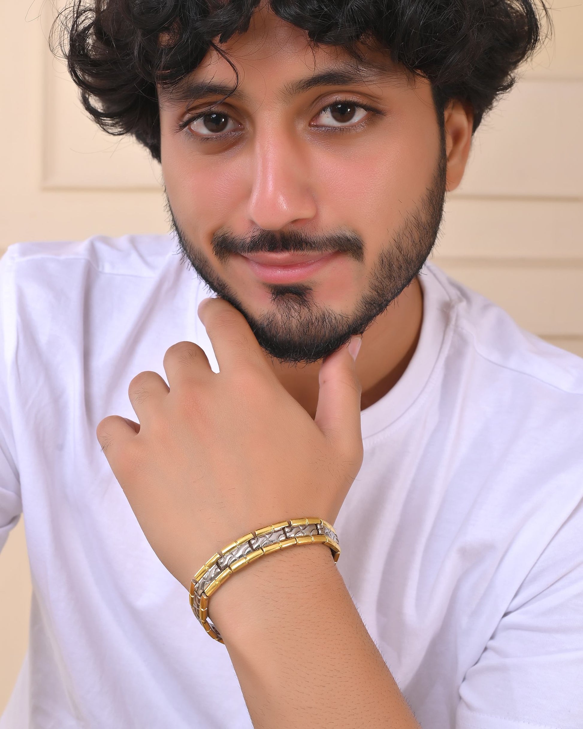 VOJ Silver And Gold Polished Textural Designed Linked Shaped Men's Bracelet - Swadesiicart