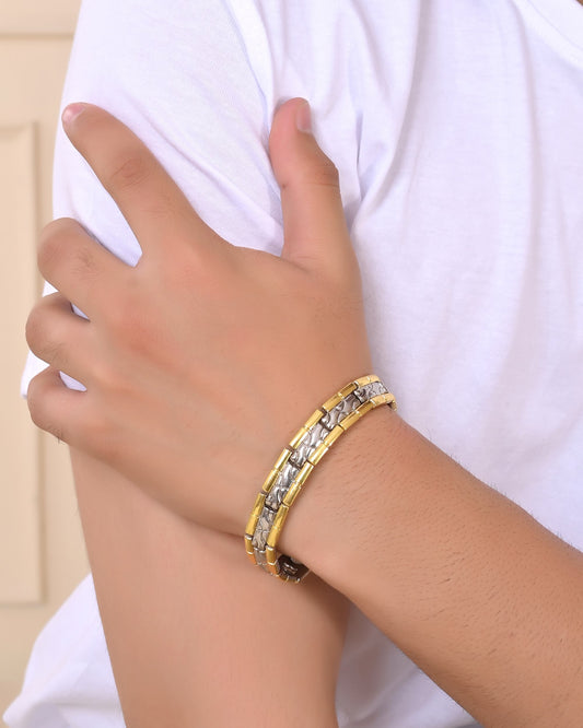 VOJ Silver And Gold Polished Textural Designed Linked Shaped Men's Bracelet - Swadesiicart