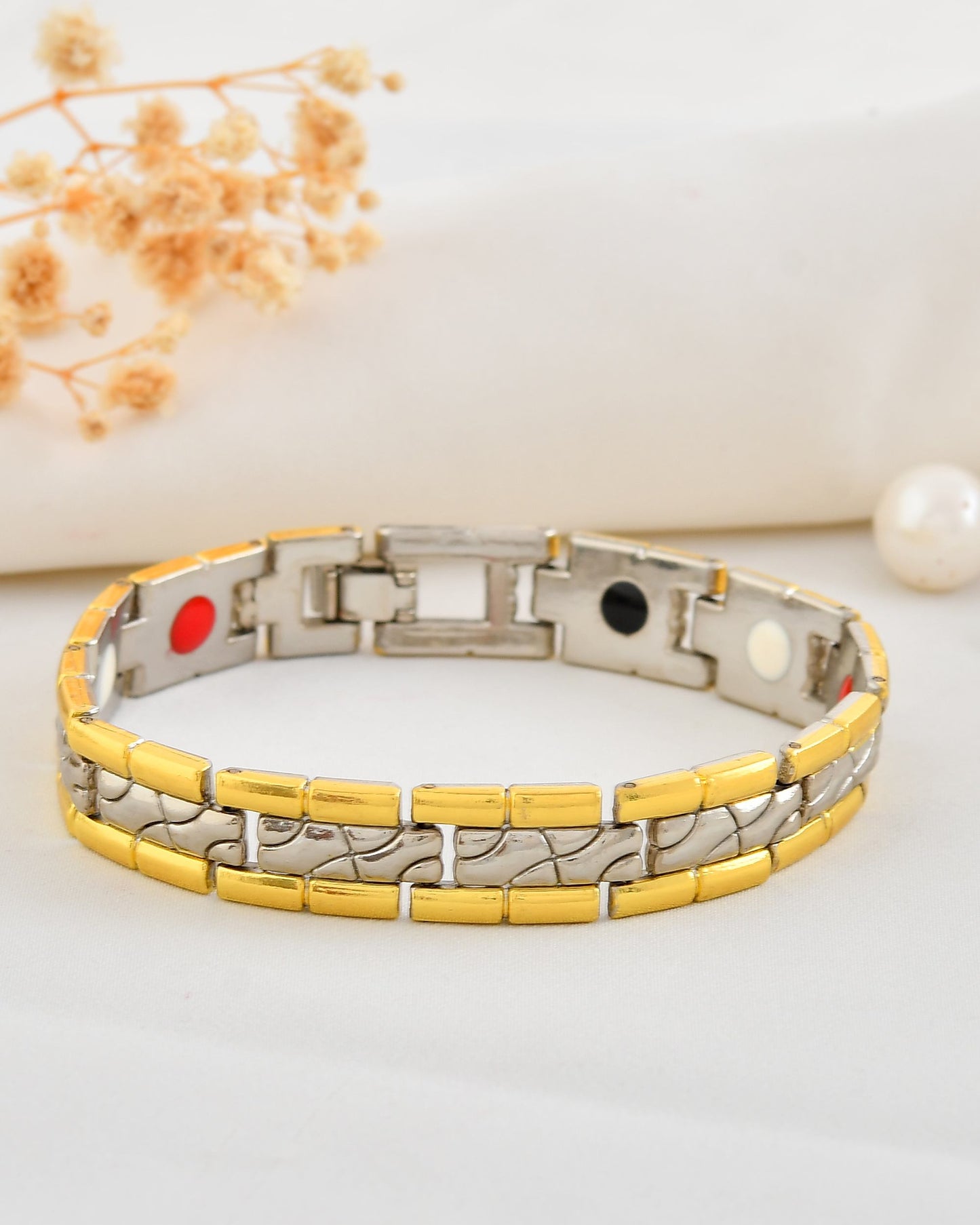 VOJ Silver And Gold Polished Textural Designed Linked Shaped Men's Bracelet - Swadesiicart