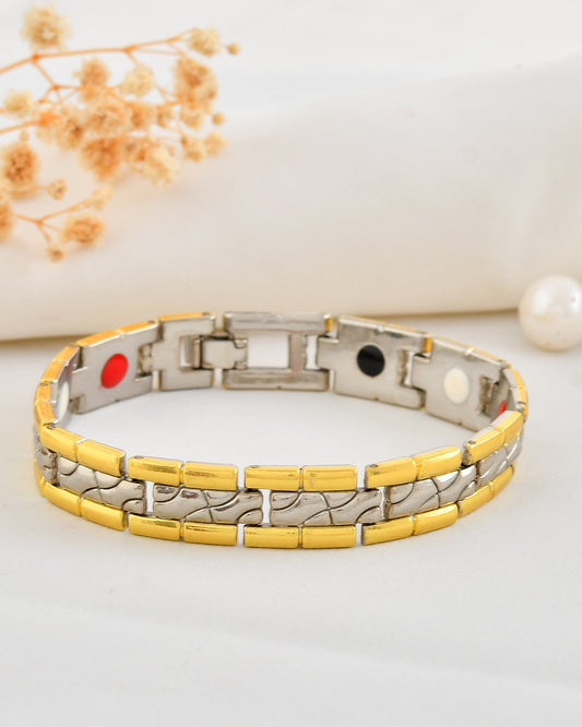 VOJ Silver And Gold Polished Textural Designed Linked Shaped Men's Bracelet - Swadesiicart