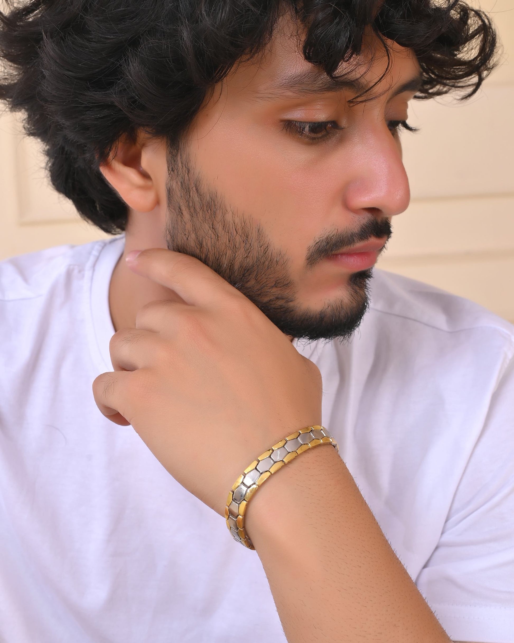 VOJ Silver And Gold Polished Minimal Geometrical Shaped Men's Bracelet - Swadesiicart