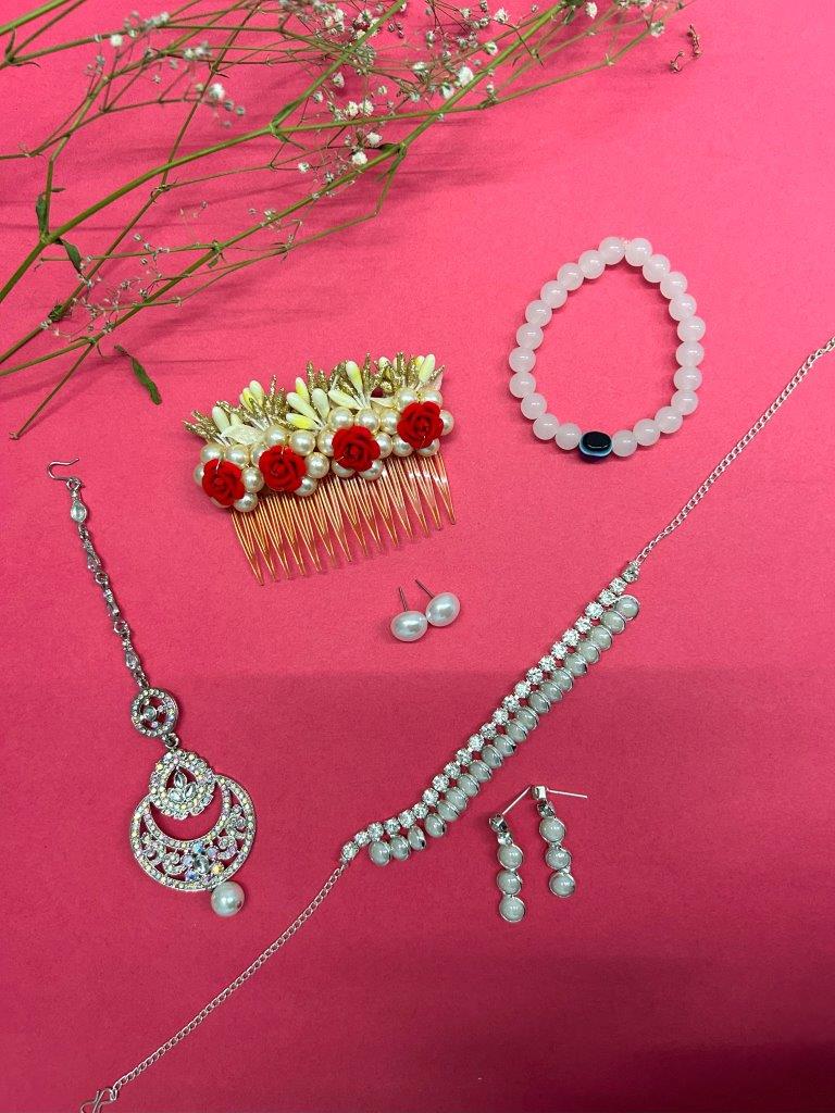 VOJ Valantine Gift Set of Silver Plated and Pearl Jewellery | Swadesiicart