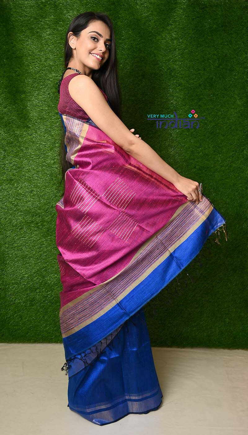 Very Much Indian Handwoven Raw Silk Dupion Saree - Cobalt Blue With Purple Pallu | Swadesiicart