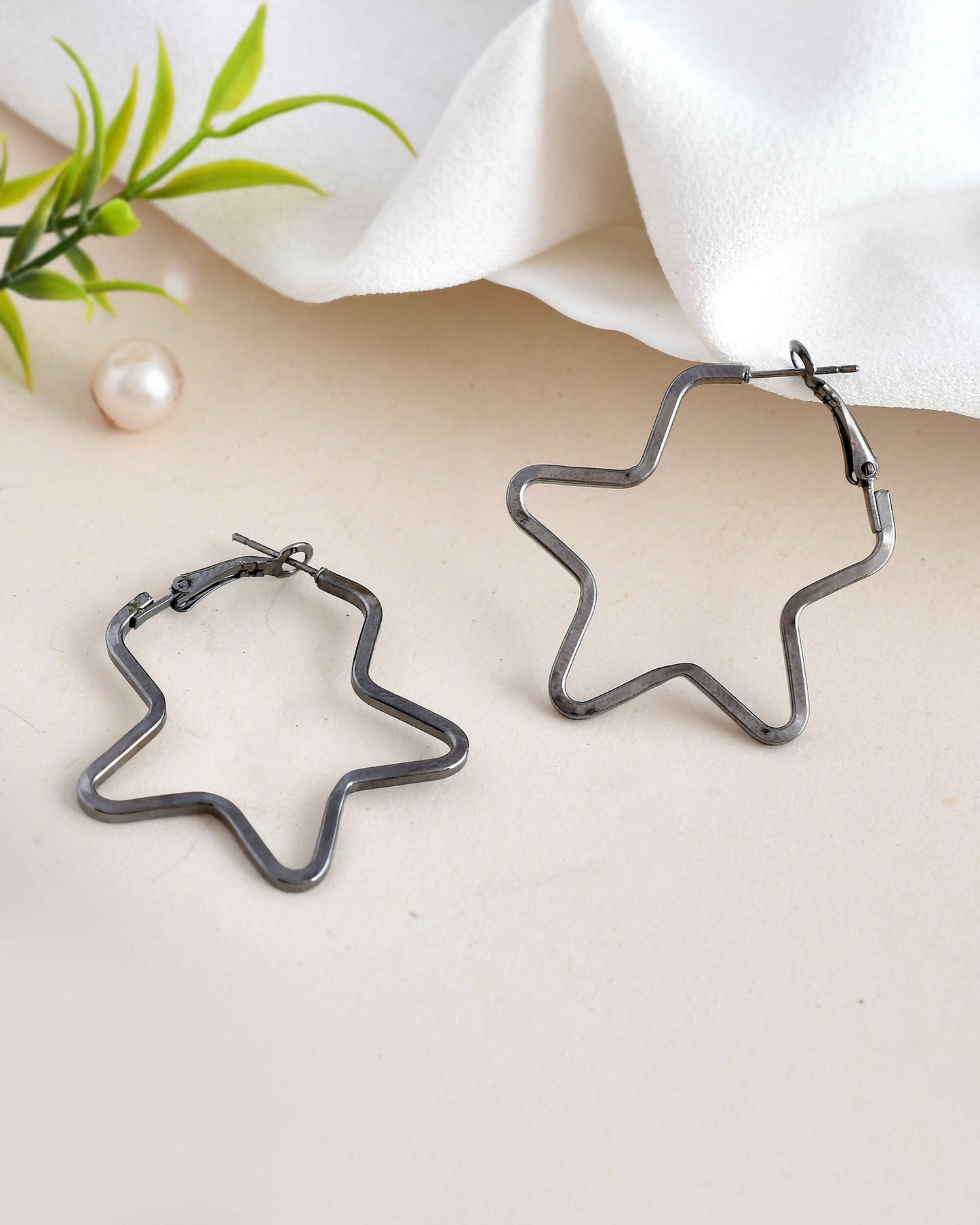 VOJ Women Rhodium Tonned Star Shape Stainless Steel Hoop Earrings - Swadesiicart