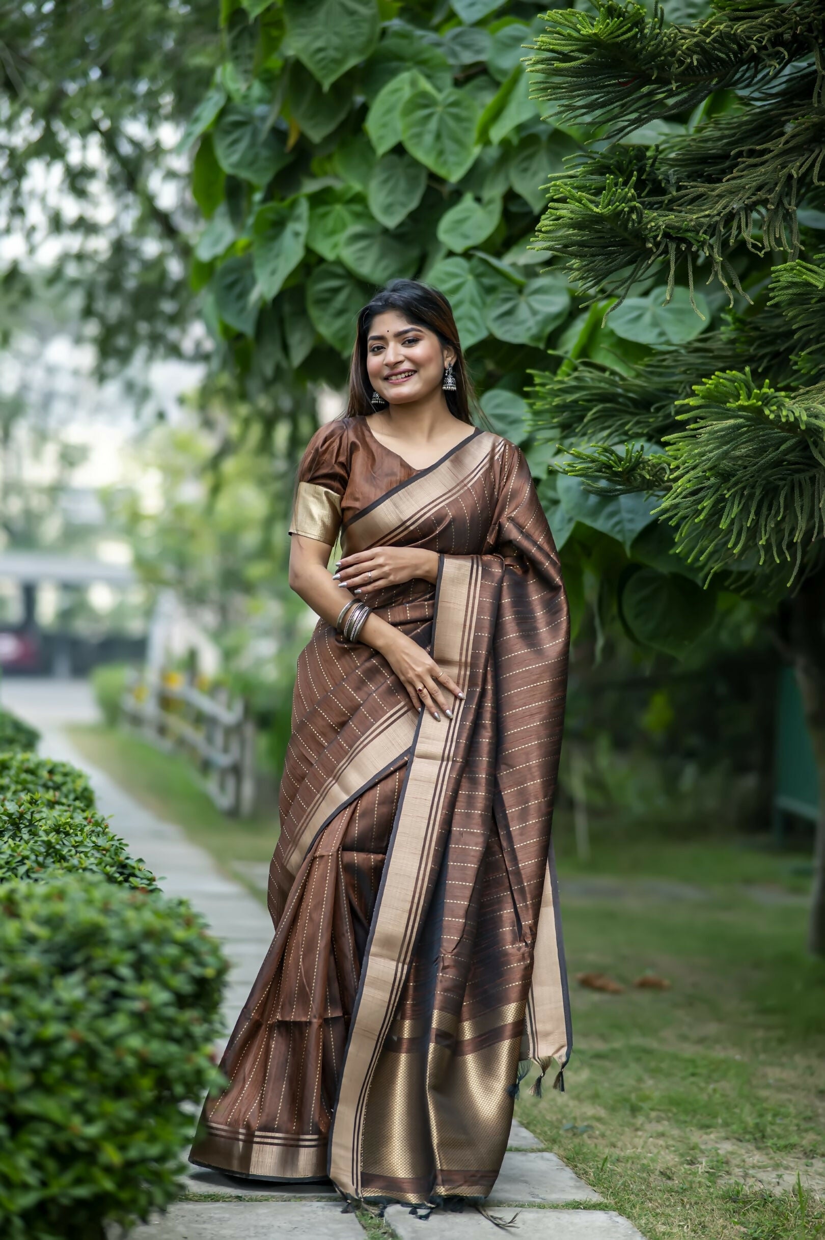 Vishnu Weaves Women's Coffee Raw Silk Saree with Blouse - Swadesiicart