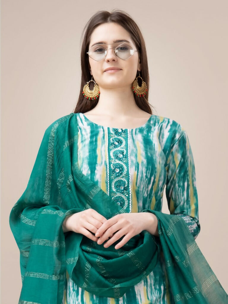 Jyoti Fashion Women's Teal Rayon Print with Embroidery & Fancy Lace Work Kurta with Trouser & Dupatta | Swadesiicart