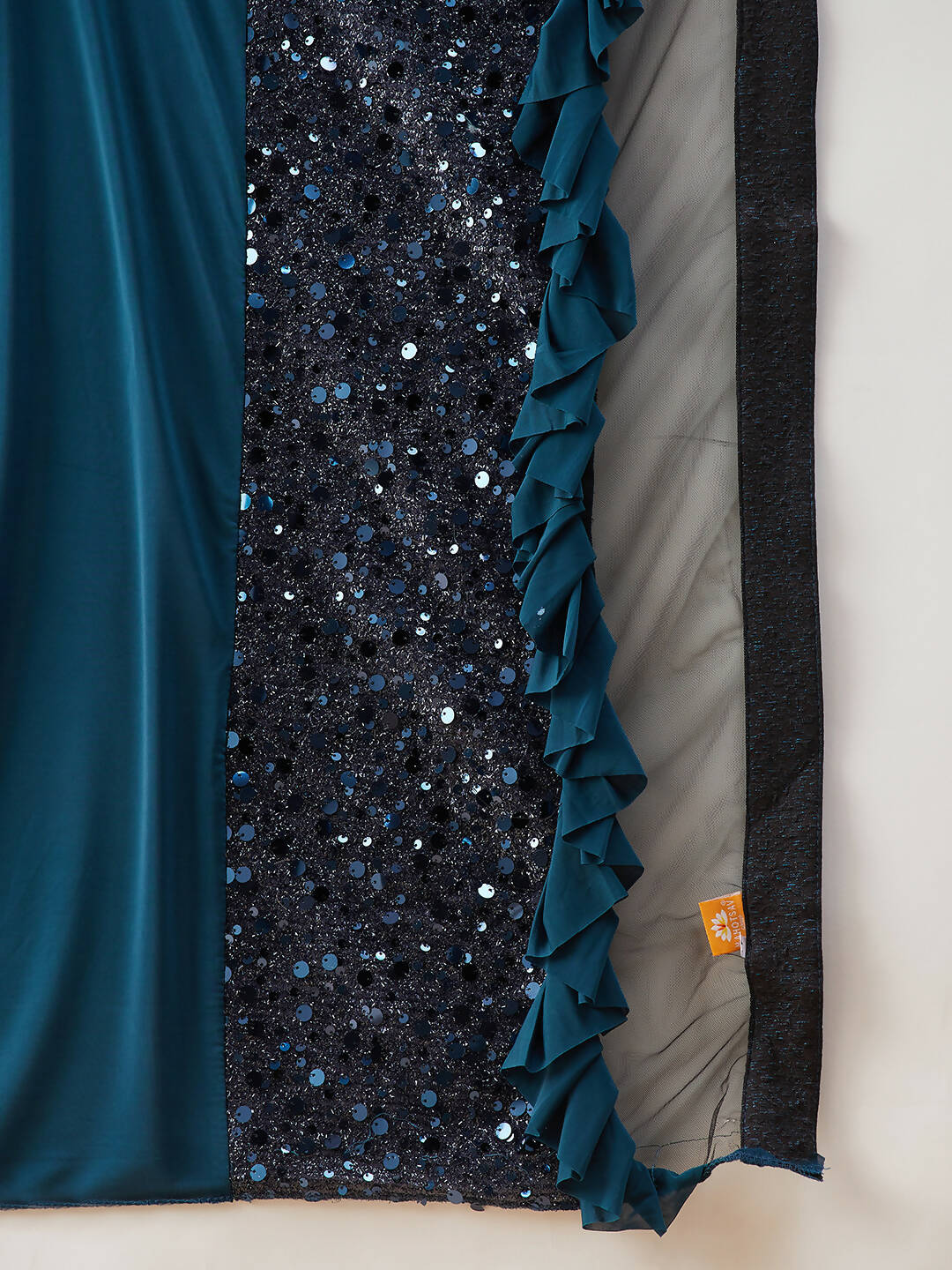 Peacock Blue Lycra Sequins Fabric. Frill Details, Handwork Buttis Saree - Norita Hit Design - Swadesiicart