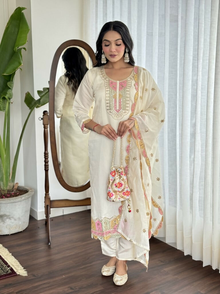 Cream Viscose chanderi Stitched Suit With Dupatta - Tanisha | Swadesiicart