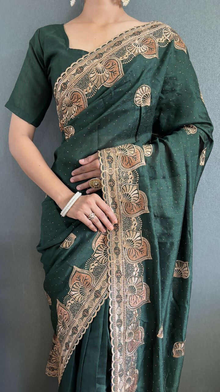 Vastranavya Green Vichitra Silk Zari with Swarovski Work Ready to Wear Saree | Swadesiicart