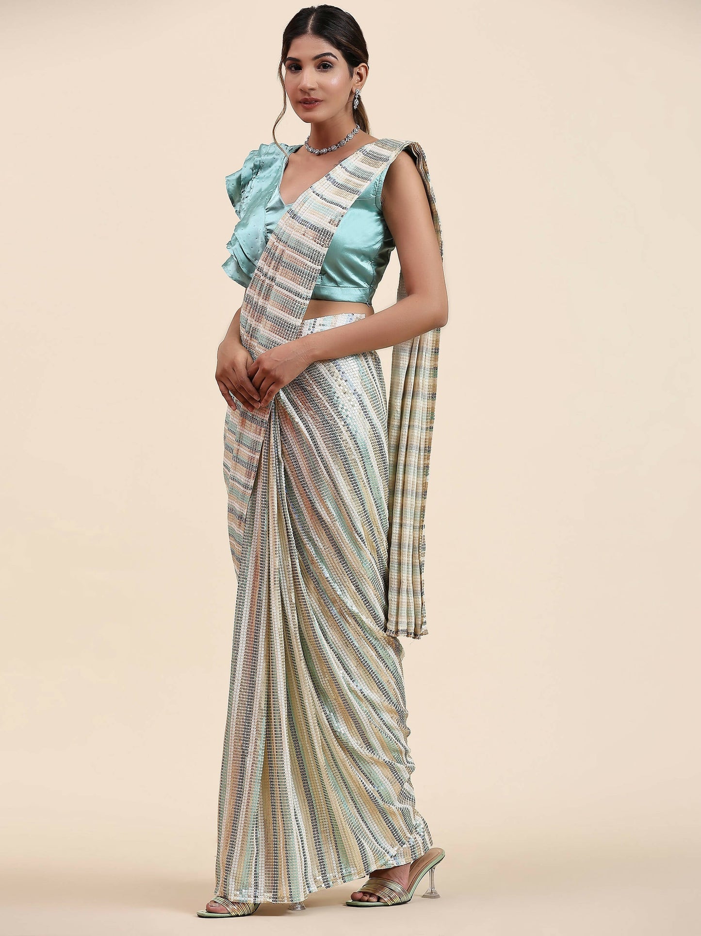 Sky Blue Pure Georgette Sequence work Ready to wear Saree with stitched Blouse - Satiksha | Swadesiicart