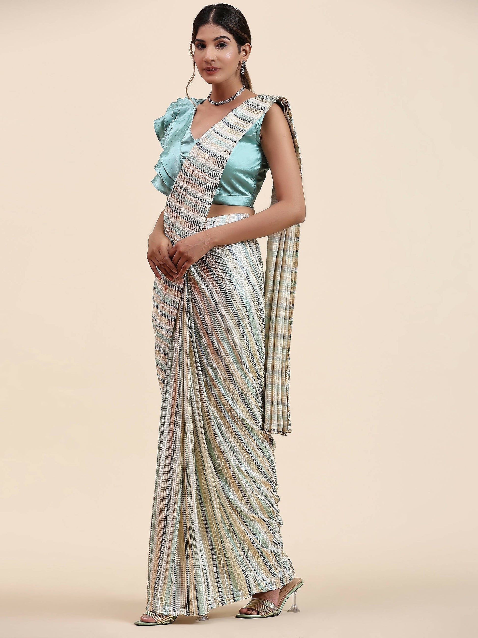 Sky Blue Pure Georgette Sequence work Ready to wear Saree with stitched Blouse - Satiksha | Swadesiicart