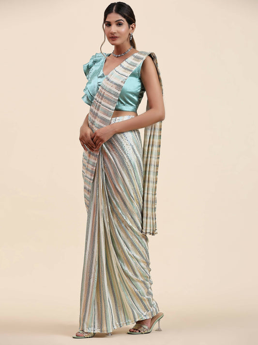 Sky Blue Pure Georgette Sequence work Ready to wear Saree with stitched Blouse - Satiksha | Swadesiicart