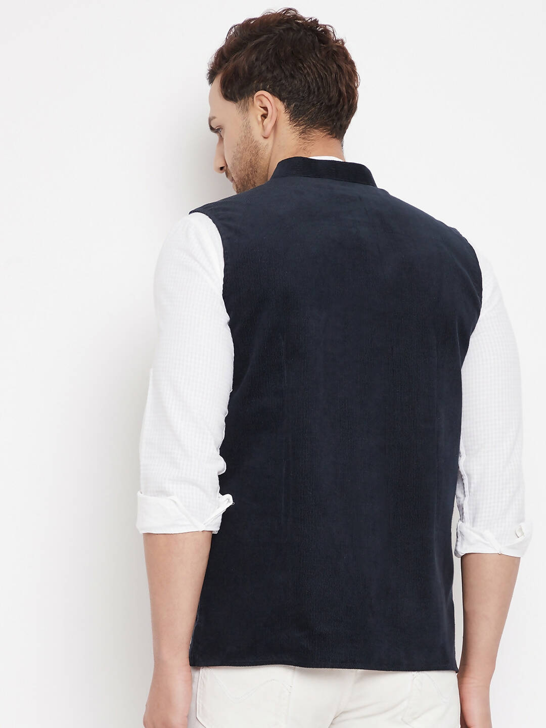 Even Apparels Navy Polyester Men's Nehru Jacket-Contrast Lining-Inbuilt Pocket Square | Swadesiicart