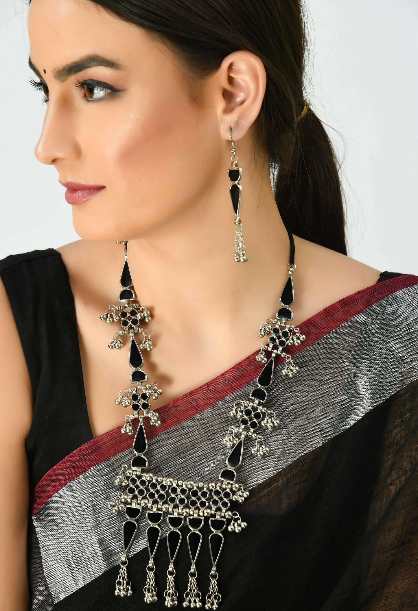 Mominos Fashion Johar Kamal Oxidised Silver-Plated Meenakari Long Necklace Set - Swadesiicart