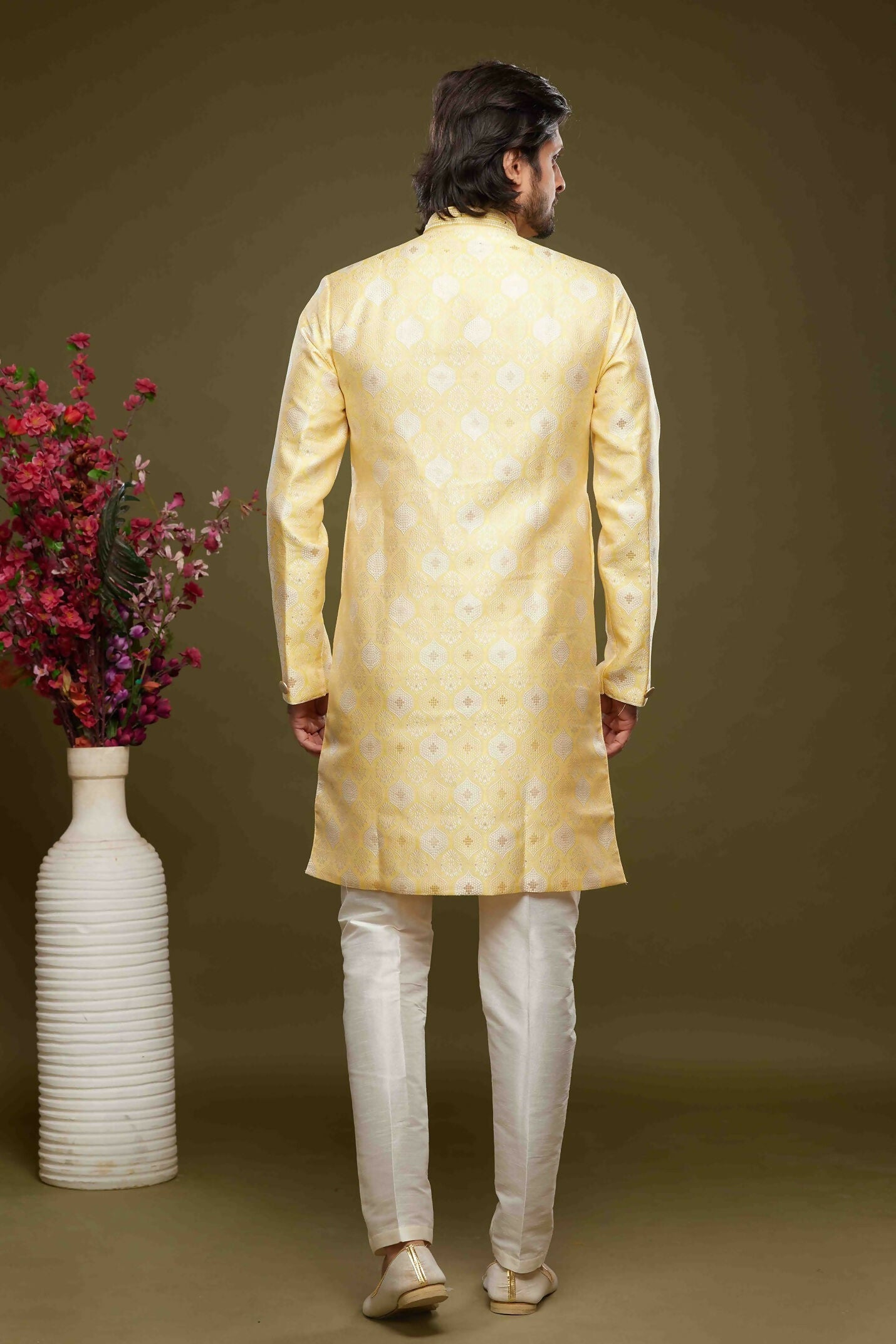 Raivat Ethnic Banarasi Jacquard Embroidery Semi Indo Western Sherwani In Yellow Colour | Swadesiicart