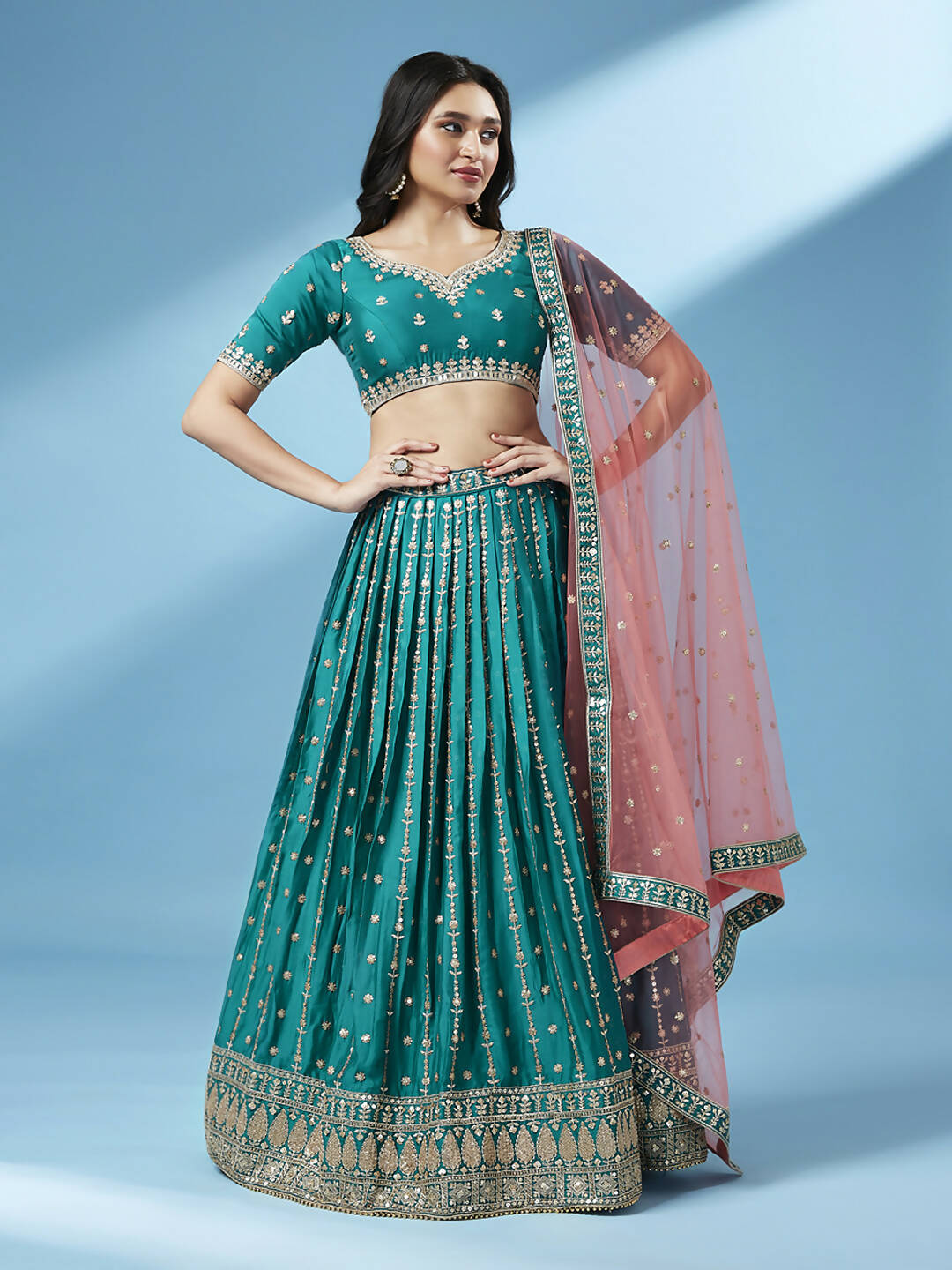 House of Panchhi Green Pure Georgette Sequins Embroidered Lehenga | Swadesiicart