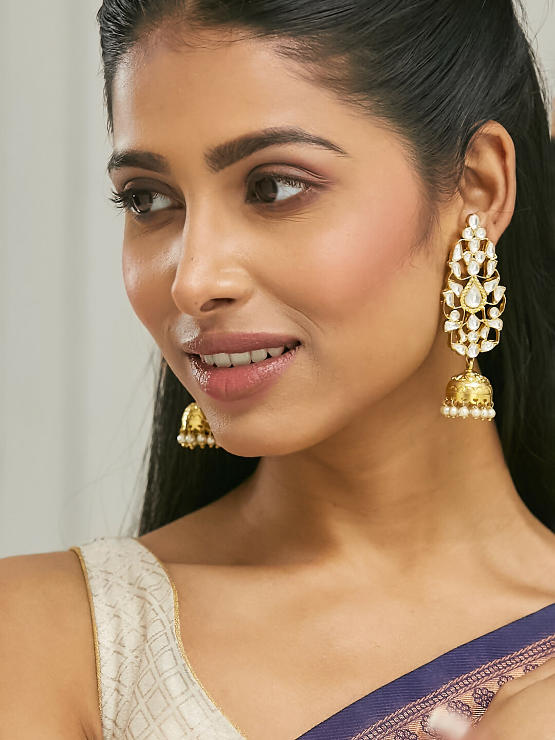 Nuyug 22K Gold-Plated Regal Kundan Stone Studded & Pearl Drop Jhumkas | Swadesiicart
