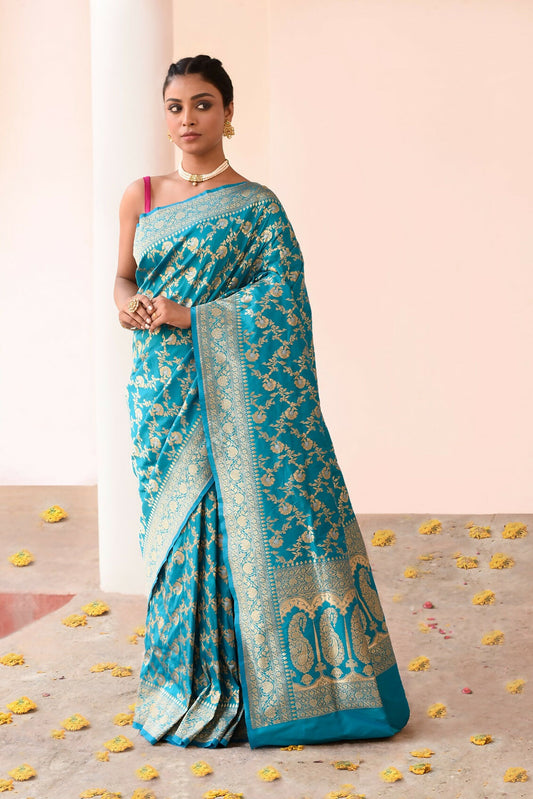 Joban Fashion Aqua Soft Pure Handloom Banarasi Silk Saree | Swadesiicart