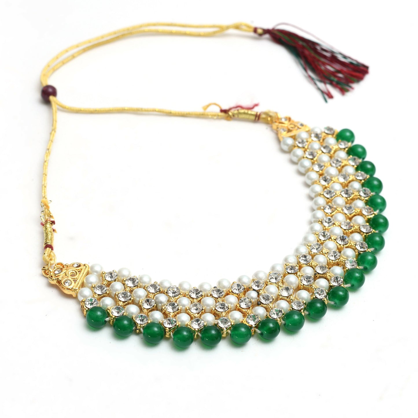 Mominos Fashion Johar Kamal Gold-Polished Rani Haar with Cream Green and Off white Pearls Jewellery Set - Swadesiicart