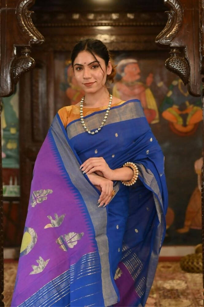 Very Much Indian Handloom Pure Cotton Paithani Swan Pallu-Marine Blue | Swadesiicart