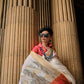 Petunia Flower Whitesoft Handloom Sik Zari & Thread Work, Contrast Pallu Saree - Rajtex Kube Silk - Swadesiicart