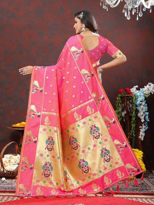 Lorenvalley Fashion Pink Soft Paithani Silk Woven Design Gold Zari Meenakari Weaving Saree - Swadesiicart