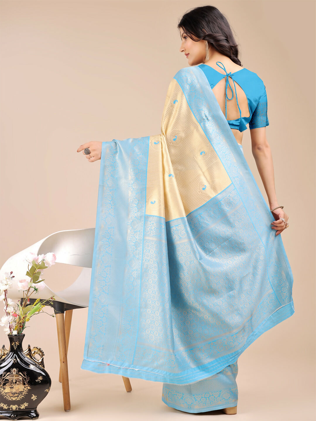 Astita Aura Silk Cream Sky Blue Banarasi Silk Saree | Swadesiicart