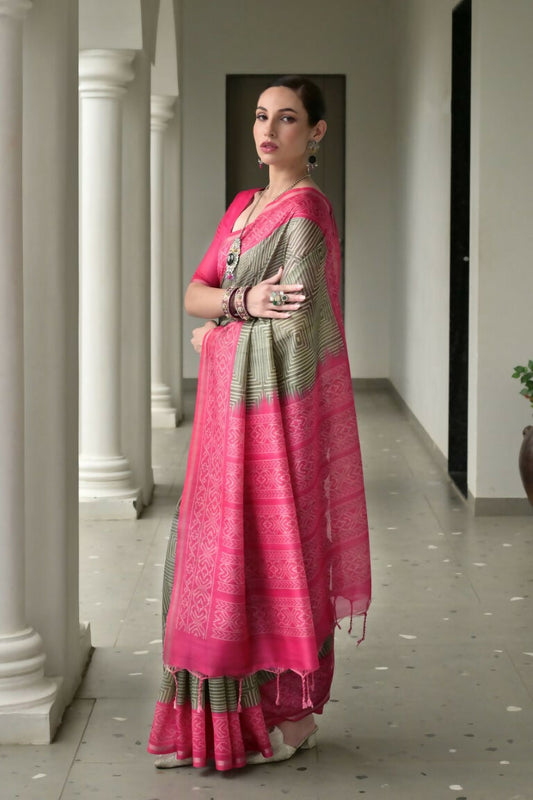 Vishnu Weaves Women's Pink Soft Tussar Silk Printed Saree with Blouse - Swadesiicart