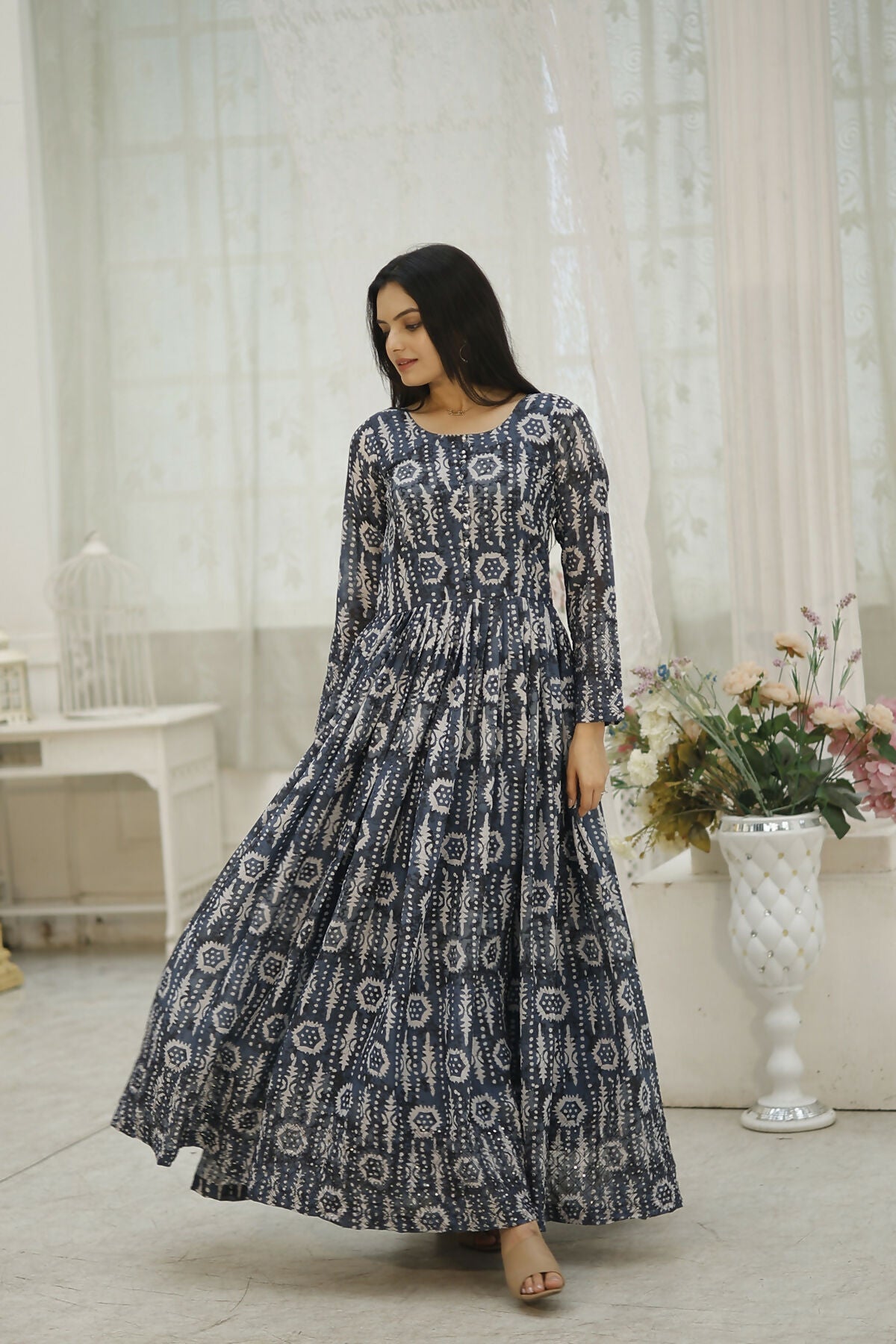 Aayaa Printed Faux Georgette with Embroidery Thread Sequins work Gown - Multi Color