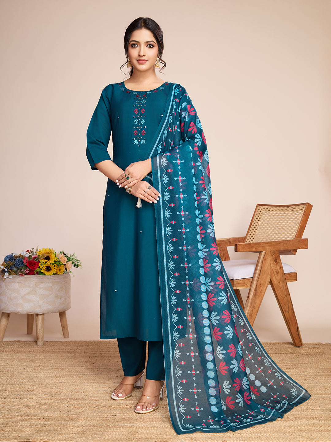 Lorenvalley Rama Chanderi Roman Silk Embroidered with Mirror Work Kurta Set - Swadesiicart