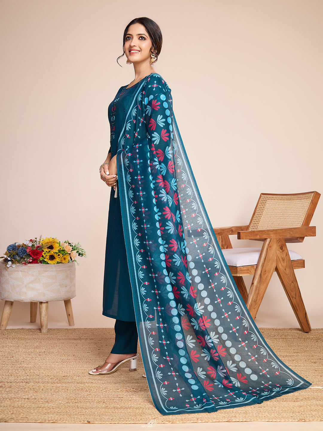Lorenvalley Rama Chanderi Roman Silk Embroidered with Mirror Work Kurta Set - Swadesiicart