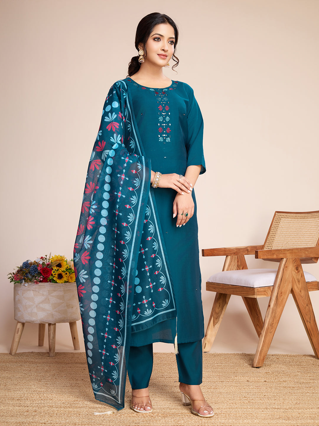 Lorenvalley Rama Chanderi Roman Silk Embroidered with Mirror Work Kurta Set - Swadesiicart