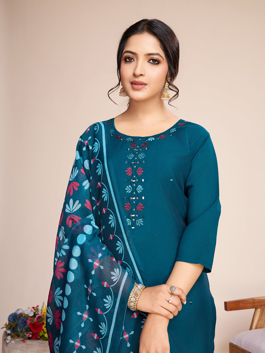 Lorenvalley Rama Chanderi Roman Silk Embroidered with Mirror Work Kurta Set - Swadesiicart