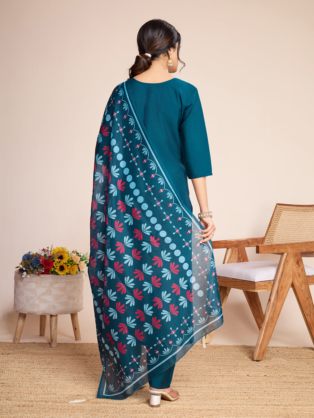 Lorenvalley Rama Chanderi Roman Silk Embroidered with Mirror Work Kurta Set - Swadesiicart