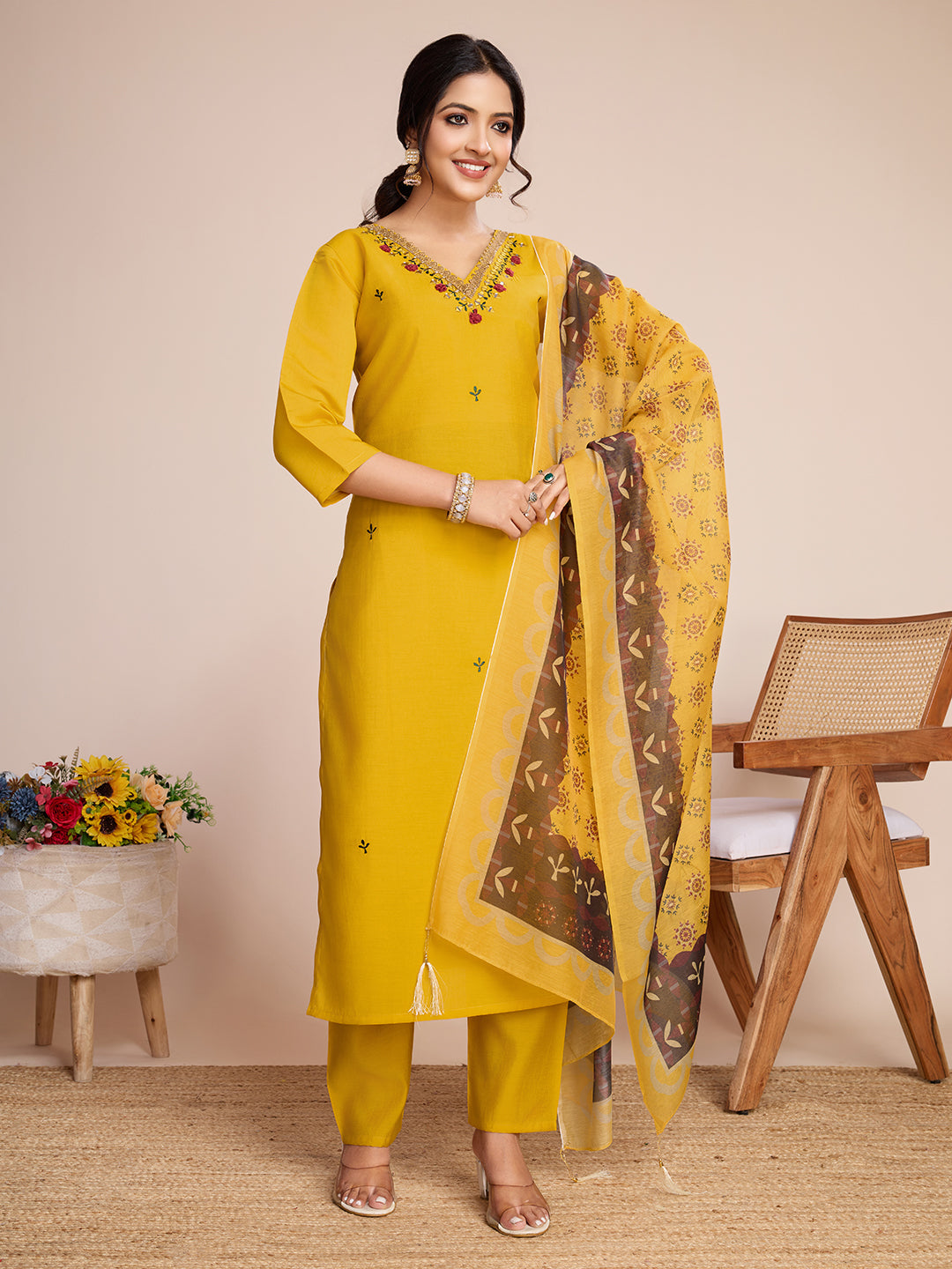 Lorenvalley Mustard Chanderi Roman Silk Embroidered with Mirror Work Kurta Set - Swadesiicart