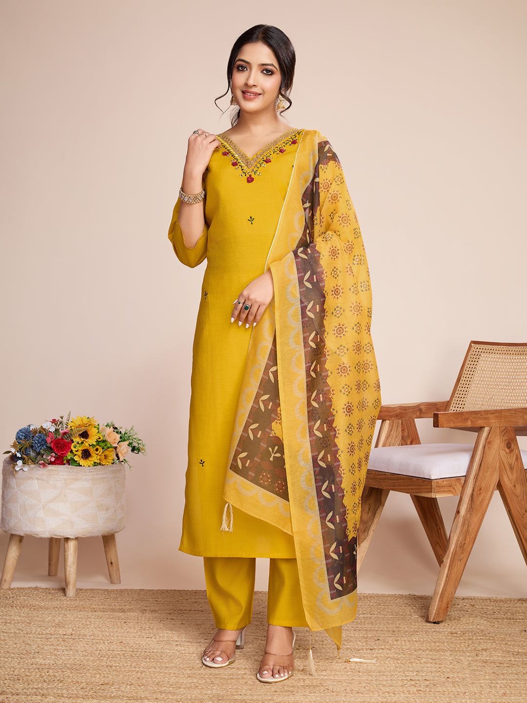 Lorenvalley Mustard Chanderi Roman Silk Embroidered with Mirror Work Kurta Set - Swadesiicart