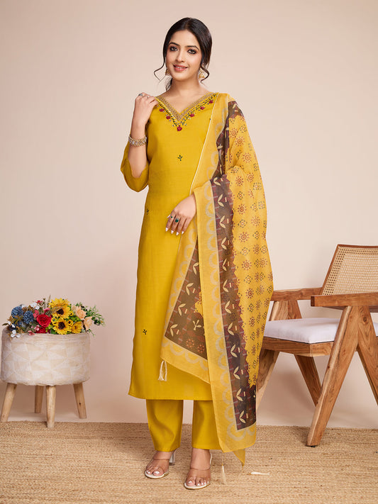 Lorenvalley Mustard Chanderi Roman Silk Embroidered with Mirror Work Kurta Set - Swadesiicart