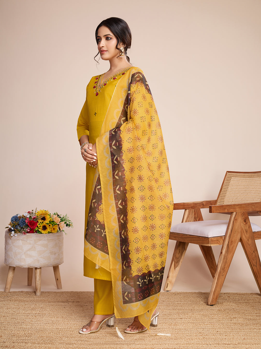 Lorenvalley Mustard Chanderi Roman Silk Embroidered with Mirror Work Kurta Set - Swadesiicart