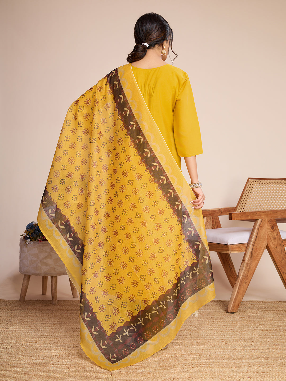 Lorenvalley Mustard Chanderi Roman Silk Embroidered with Mirror Work Kurta Set - Swadesiicart