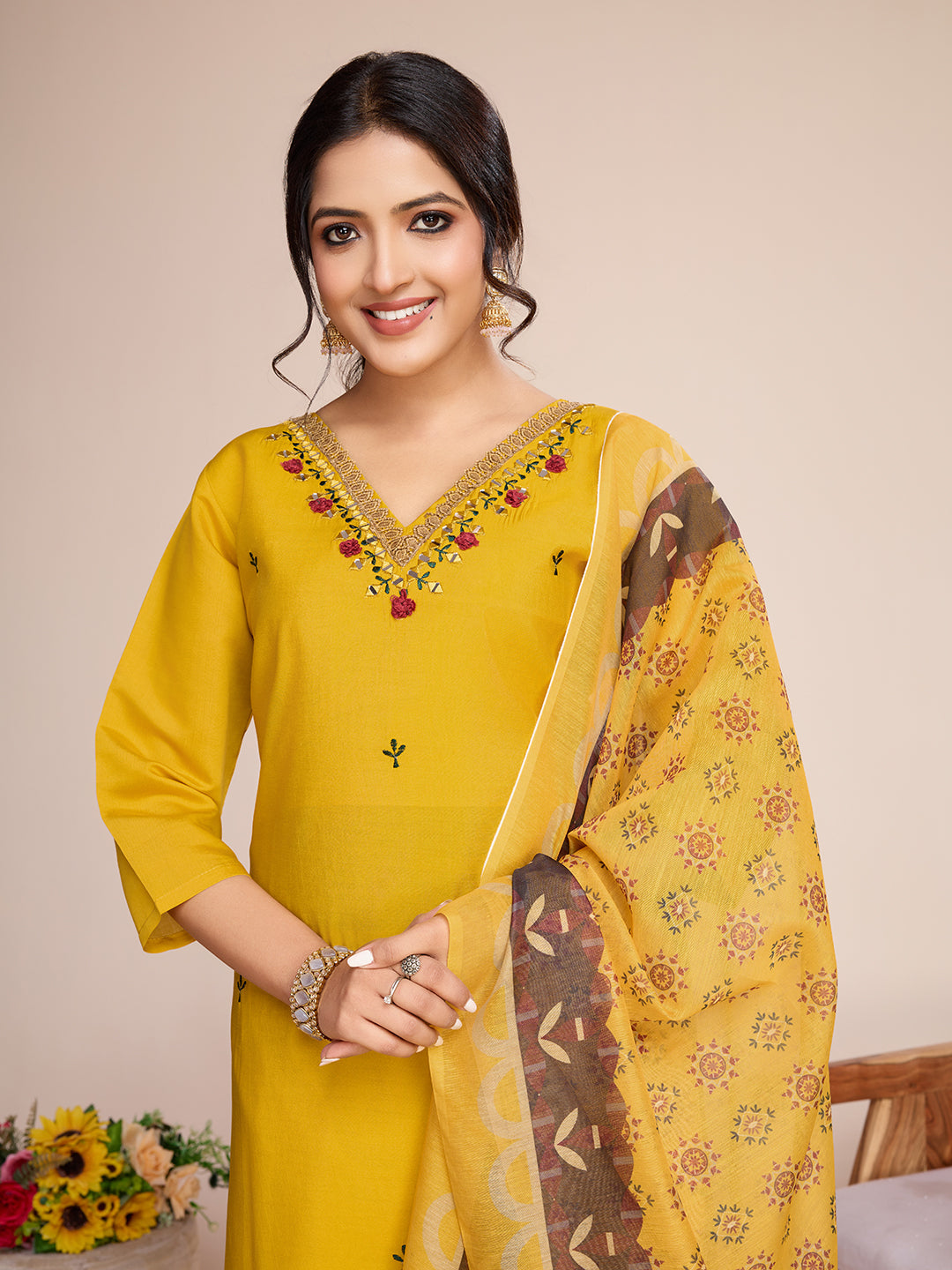 Lorenvalley Mustard Chanderi Roman Silk Embroidered with Mirror Work Kurta Set - Swadesiicart