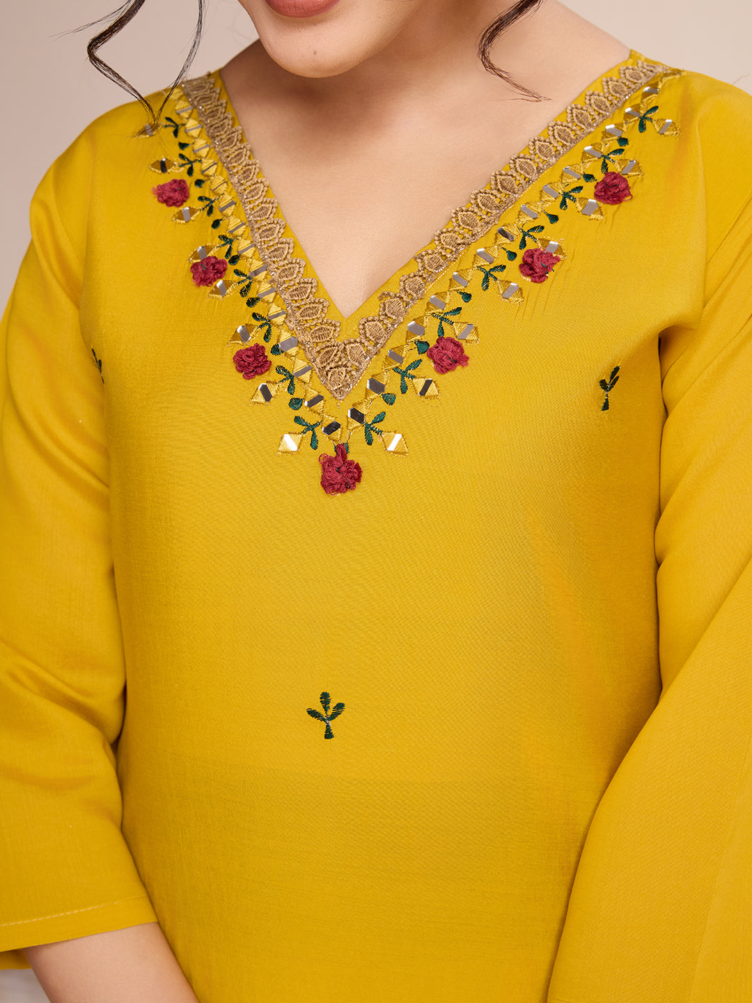 Lorenvalley Mustard Chanderi Roman Silk Embroidered with Mirror Work Kurta Set - Swadesiicart