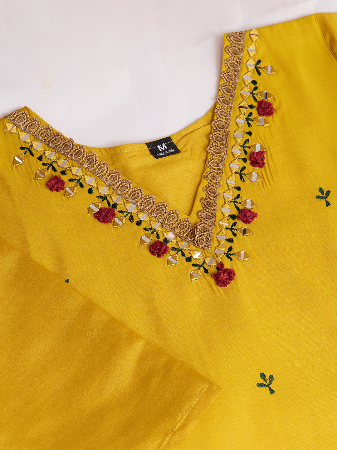 Lorenvalley Mustard Chanderi Roman Silk Embroidered with Mirror Work Kurta Set - Swadesiicart