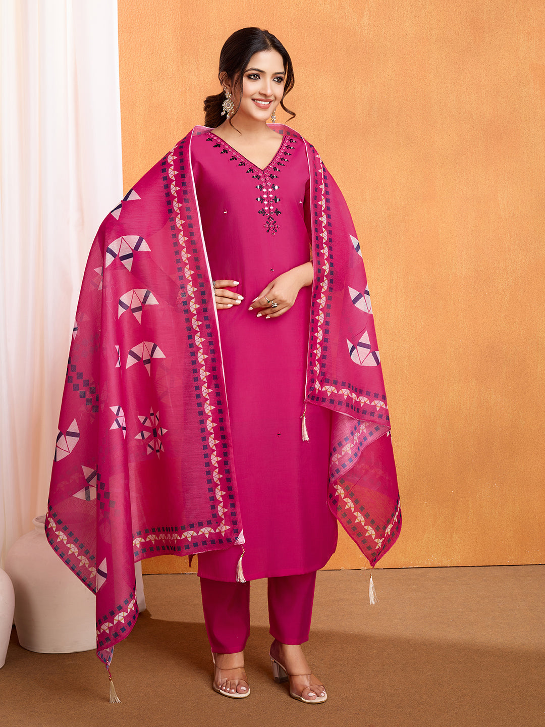 Lorenvalley Magenta Chanderi Roman Silk Embroidered with Mirror Work Kurta Set - Swadesiicart